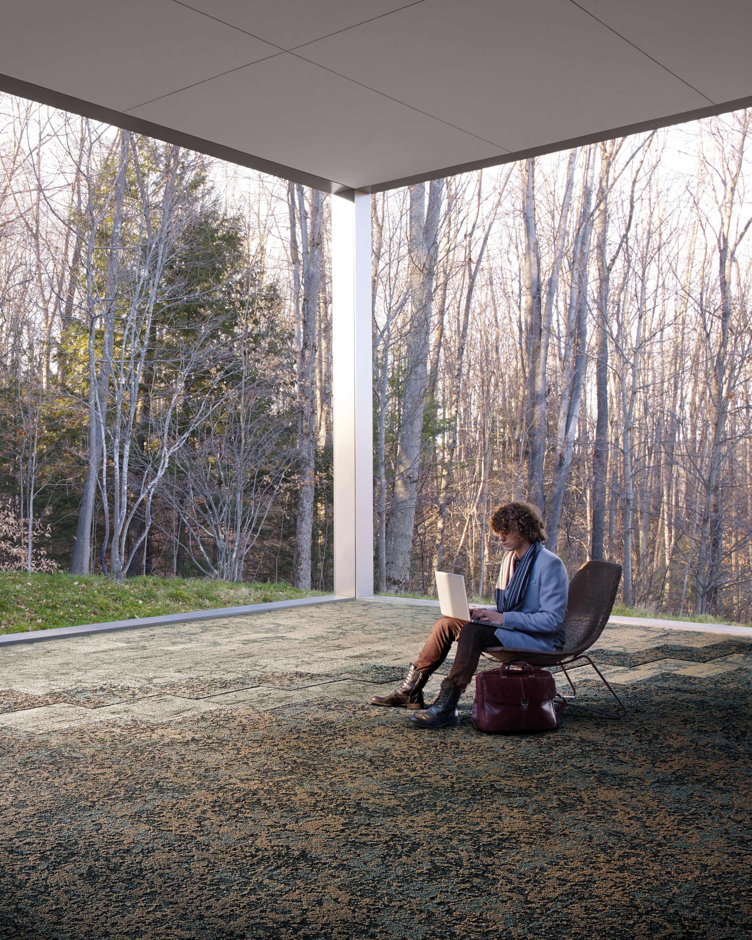 Interface Raku and Ground carpet tile shown in inspirational covered outdoor setting image number 8
